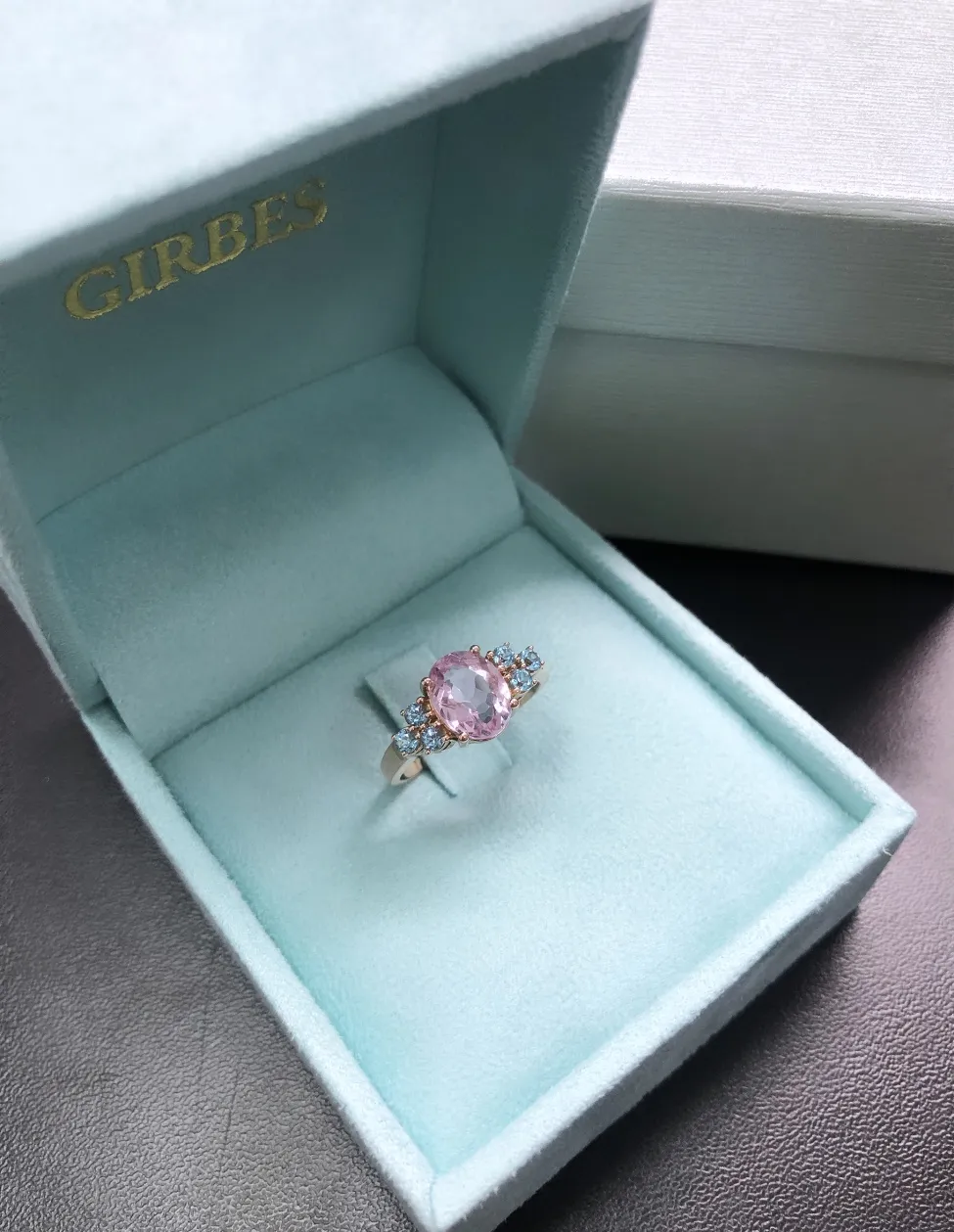 Anillo Oro Rosa18kts con Kunzita y Topacios Azules