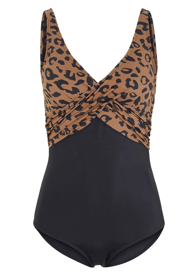Bañador Beige-negro con estampado de leopardo