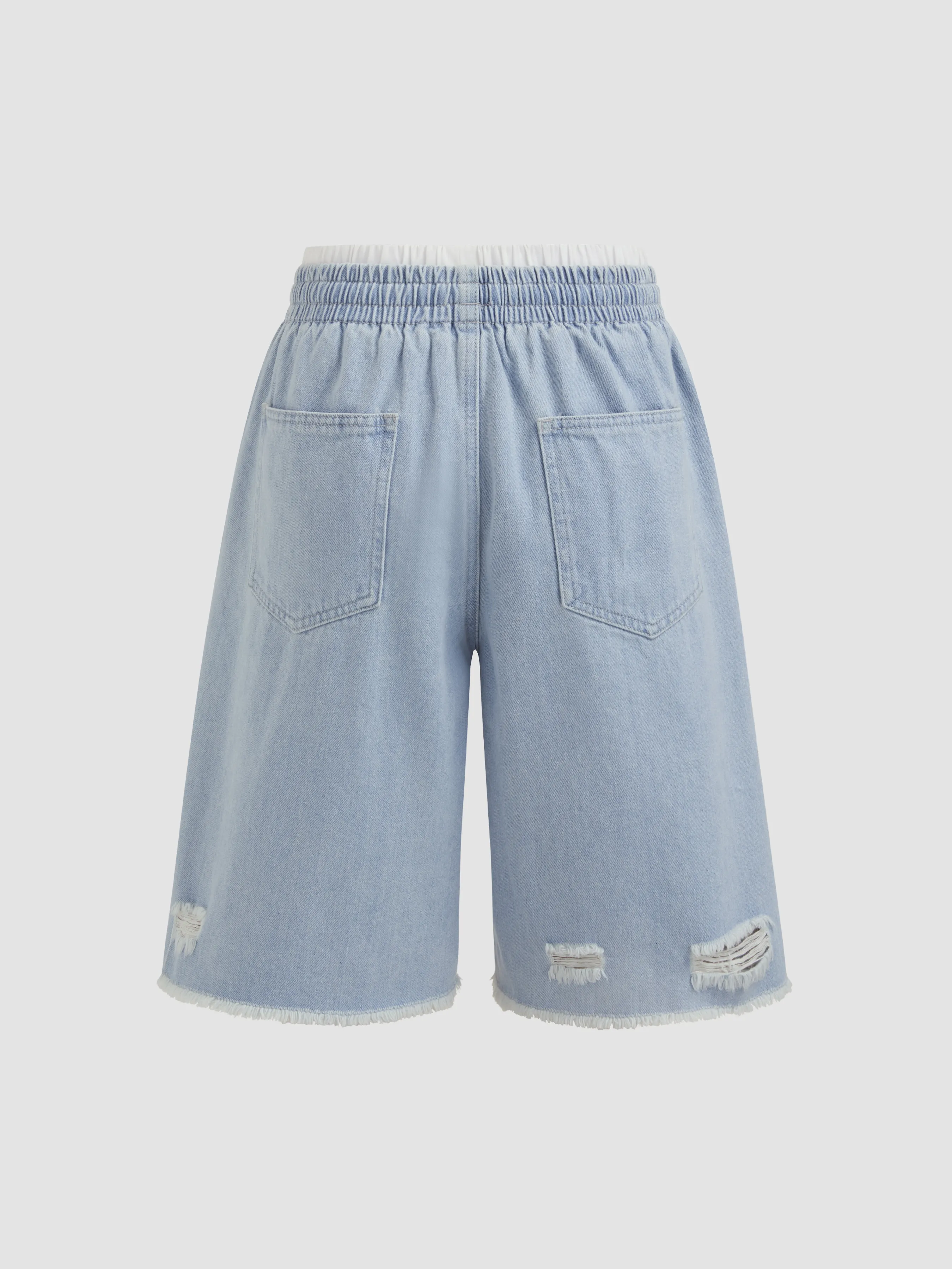 Bermudas vaqueras de tiro alto con detalle de ribete en contraste y rotos