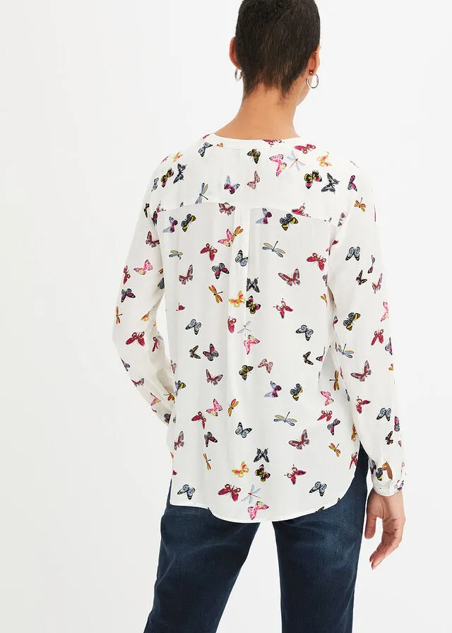 Blusa con escote en V Blanco lana con mariposas