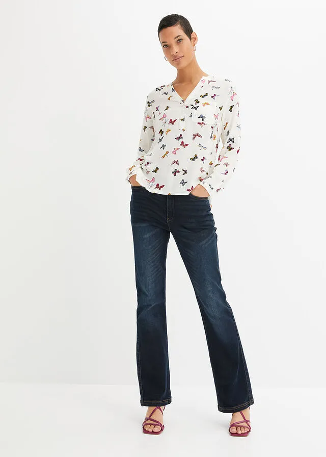 Blusa con escote en V Blanco lana con mariposas