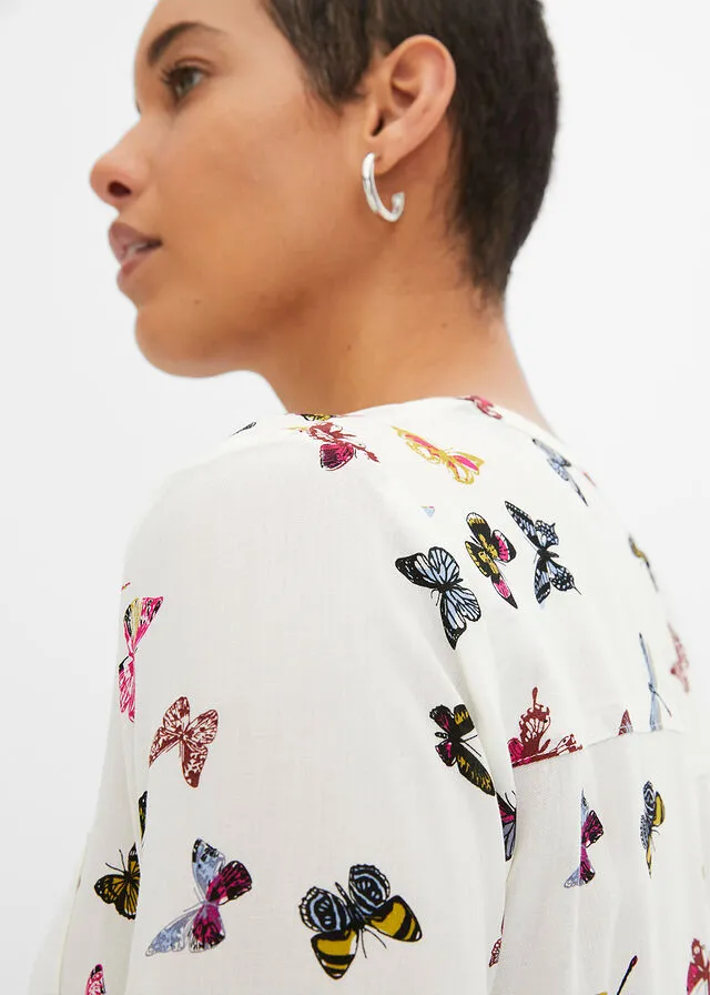 Blusa con escote en V Blanco lana con mariposas