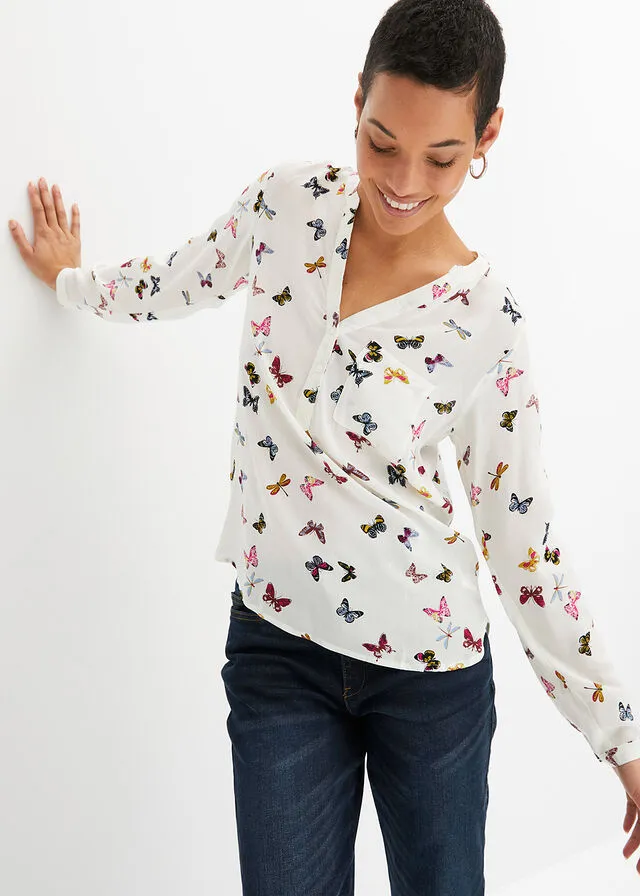 Blusa con escote en V Blanco lana con mariposas