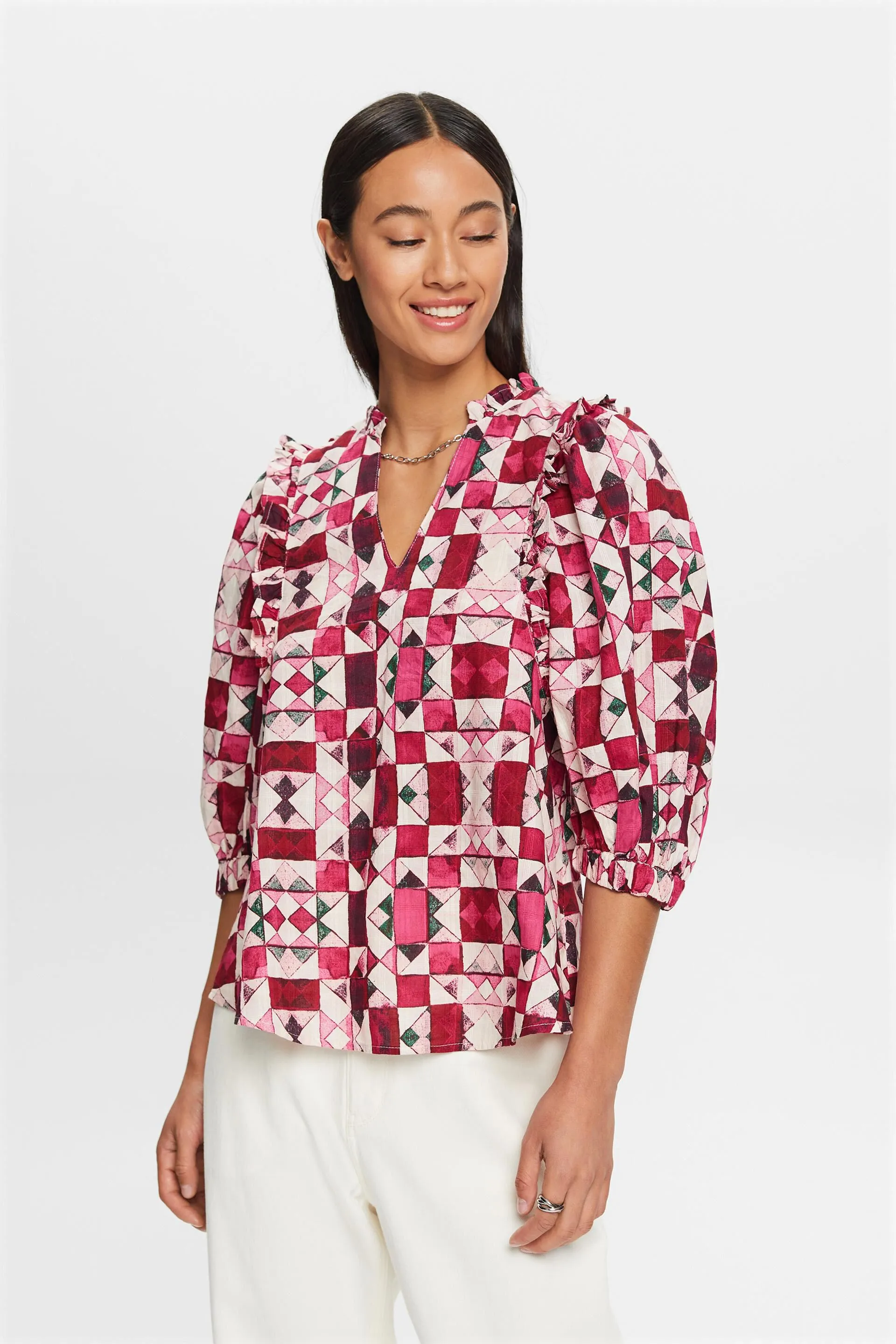 Blusa de algodón dobby con detalle de volante