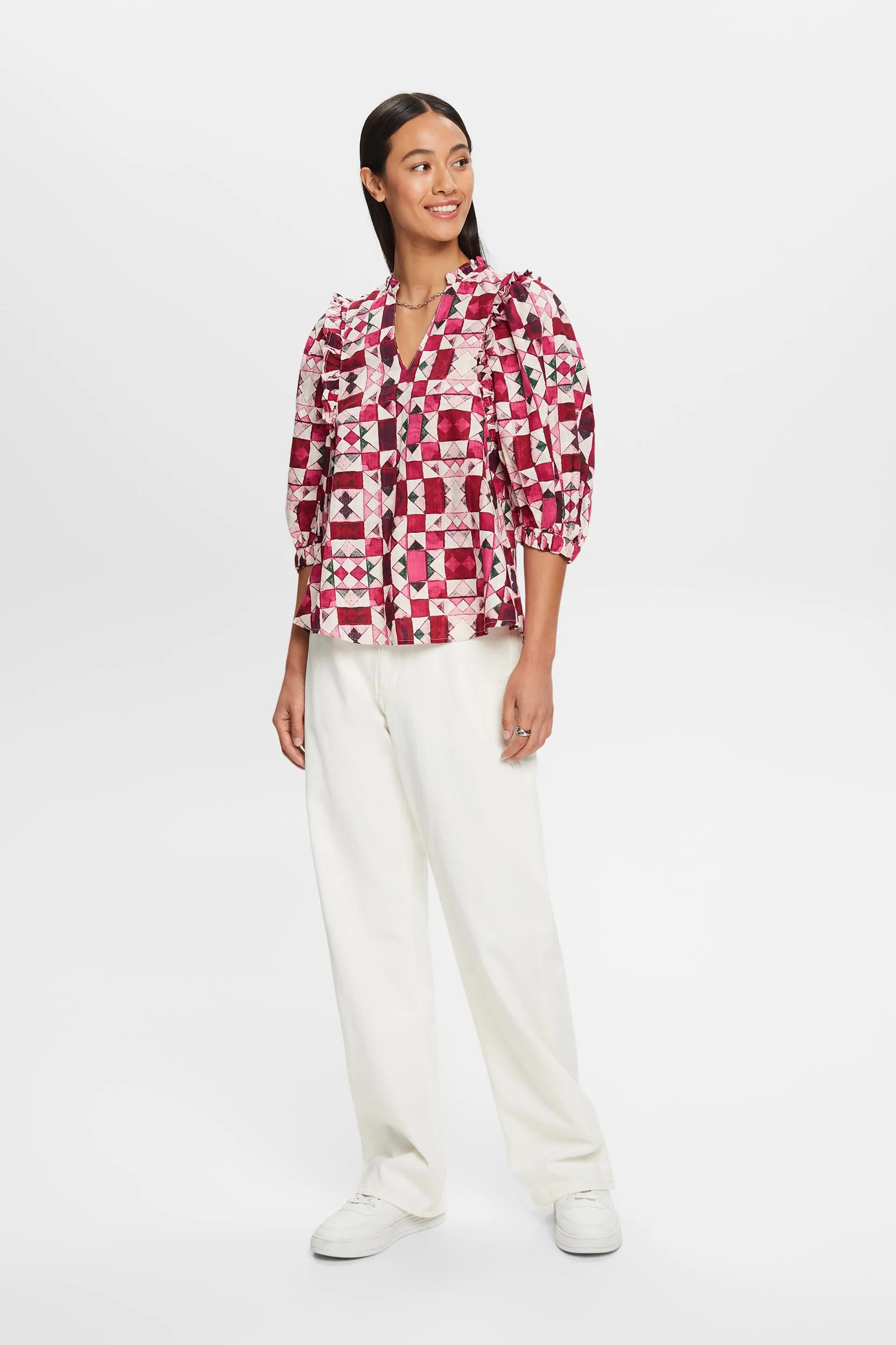 Blusa de algodón dobby con detalle de volante