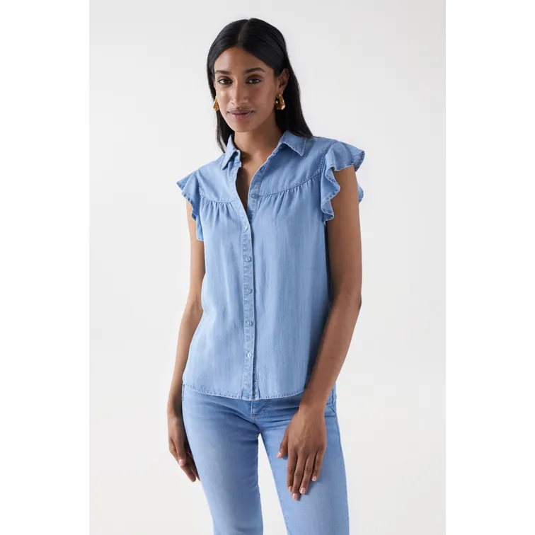 BLUSA EN LIGHTDENIM CON DETALLE DE VOLANTE MUJER SALSA