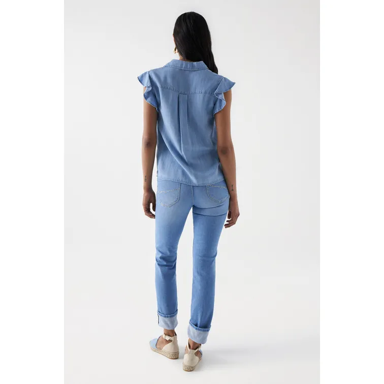 BLUSA EN LIGHTDENIM CON DETALLE DE VOLANTE MUJER SALSA