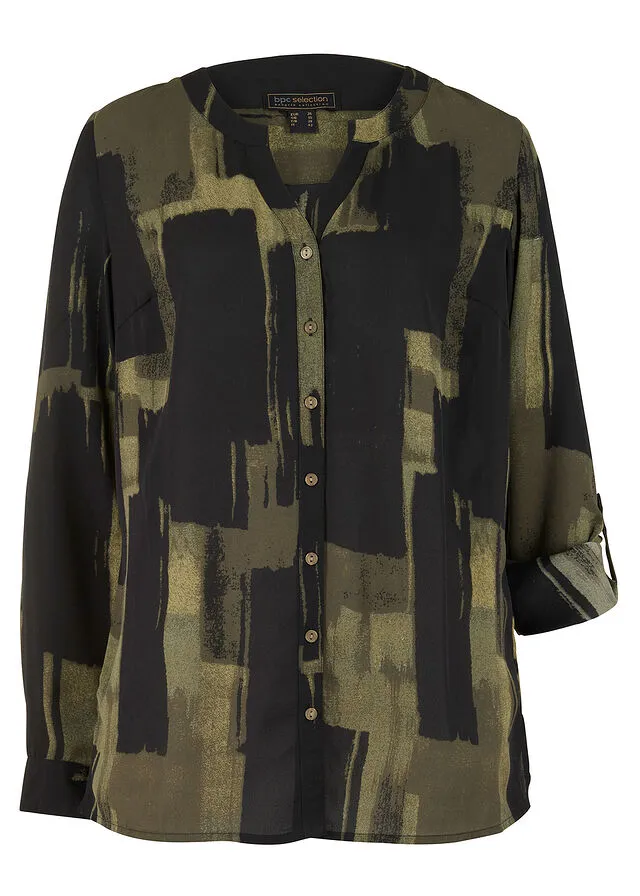 Blusa larga con estampado Negro-verde oliva