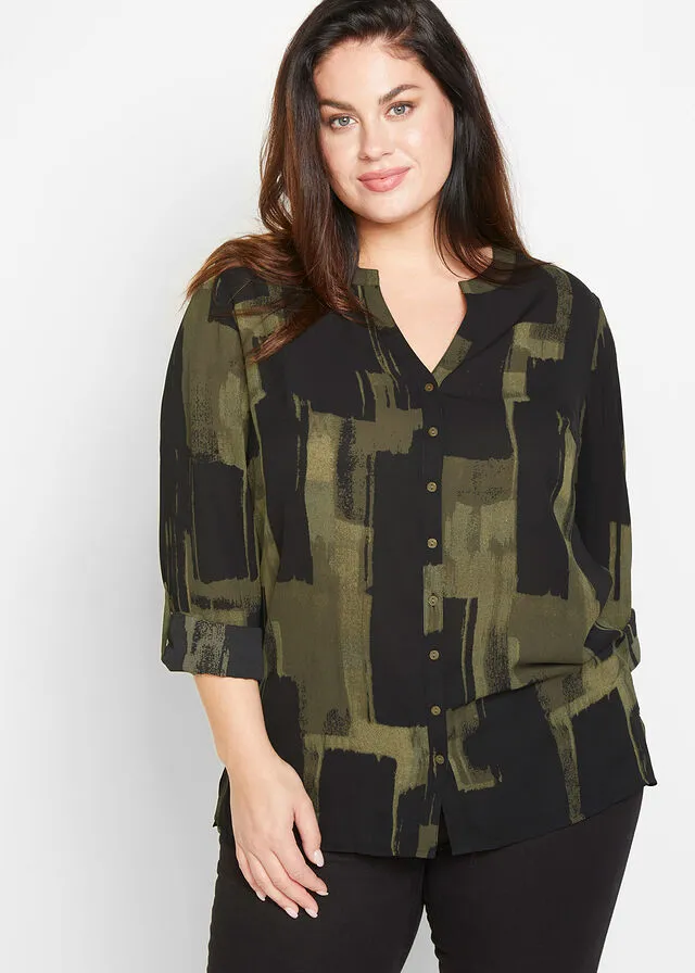 Blusa larga con estampado Negro-verde oliva