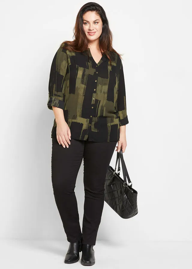Blusa larga con estampado Negro-verde oliva