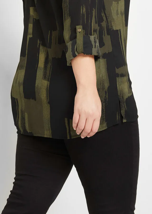 Blusa larga con estampado Negro-verde oliva