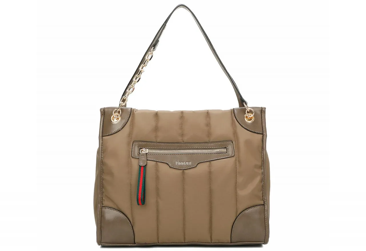 Bolso Colgar Nilon Taupe Bolsillos 2 Asas Detalles Efecto Piel