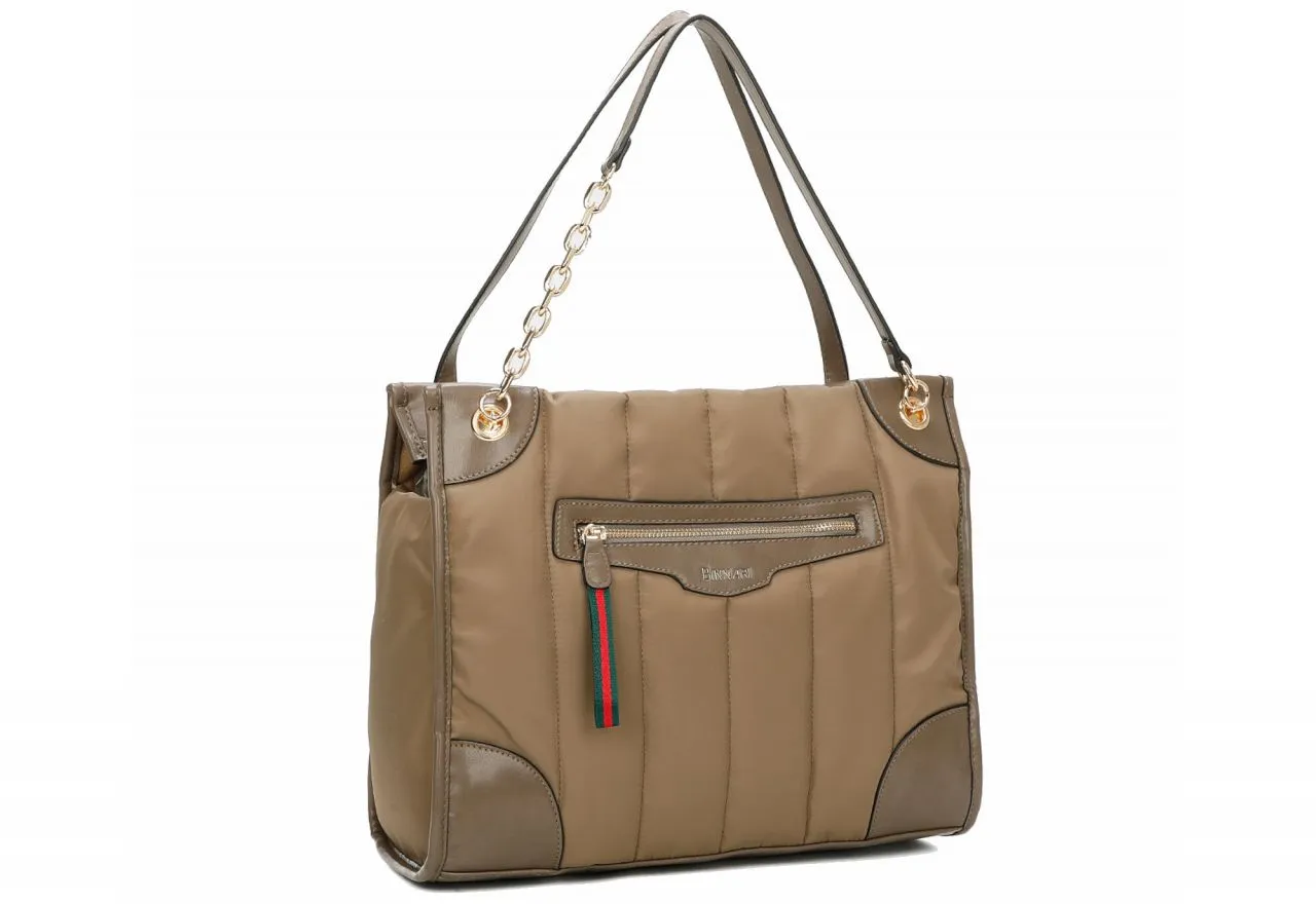 Bolso Colgar Nilon Taupe Bolsillos 2 Asas Detalles Efecto Piel