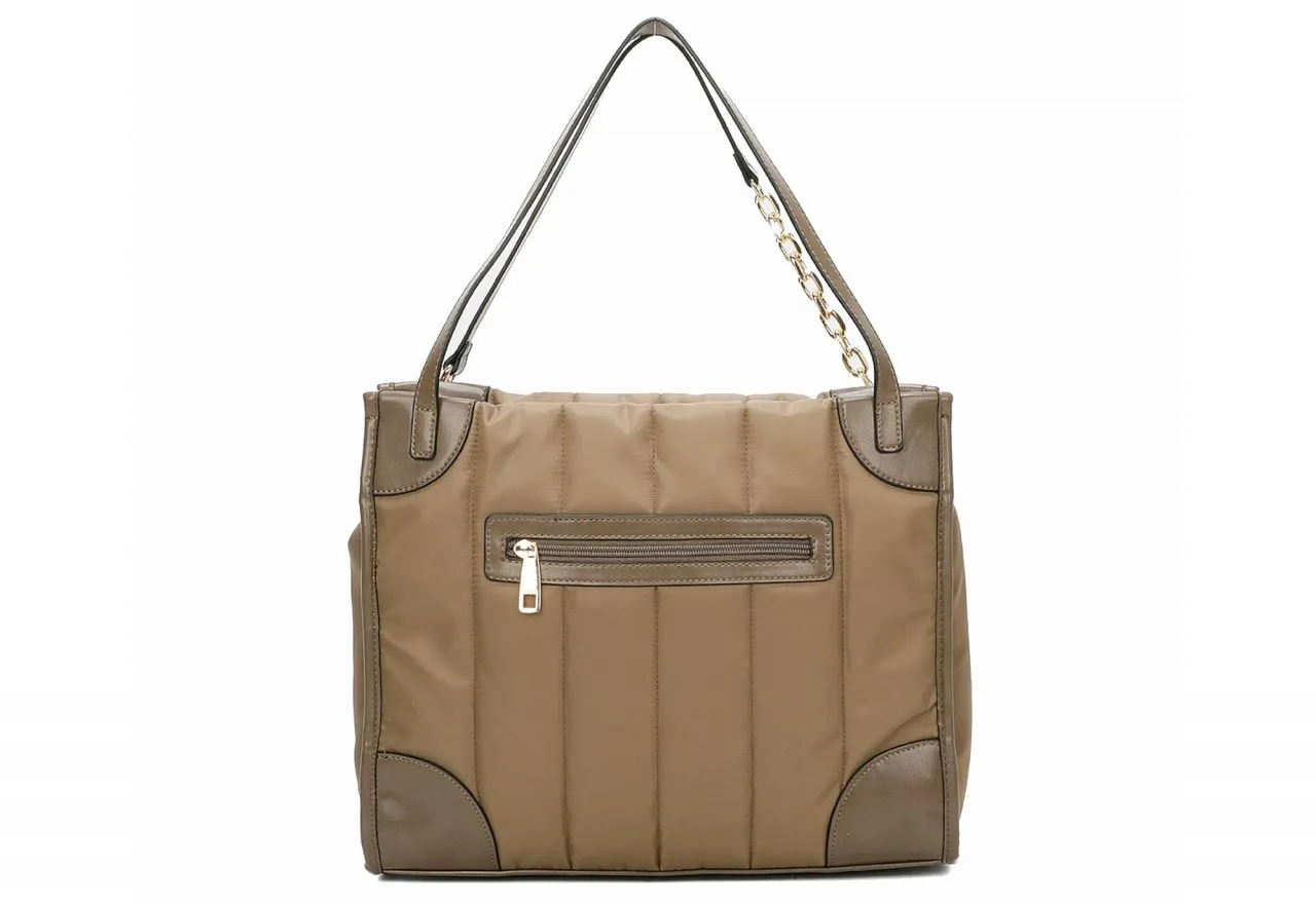 Bolso Colgar Nilon Taupe Bolsillos 2 Asas Detalles Efecto Piel