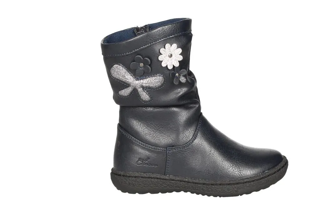 Bota Cremallera Piel Azul Flores Lateral