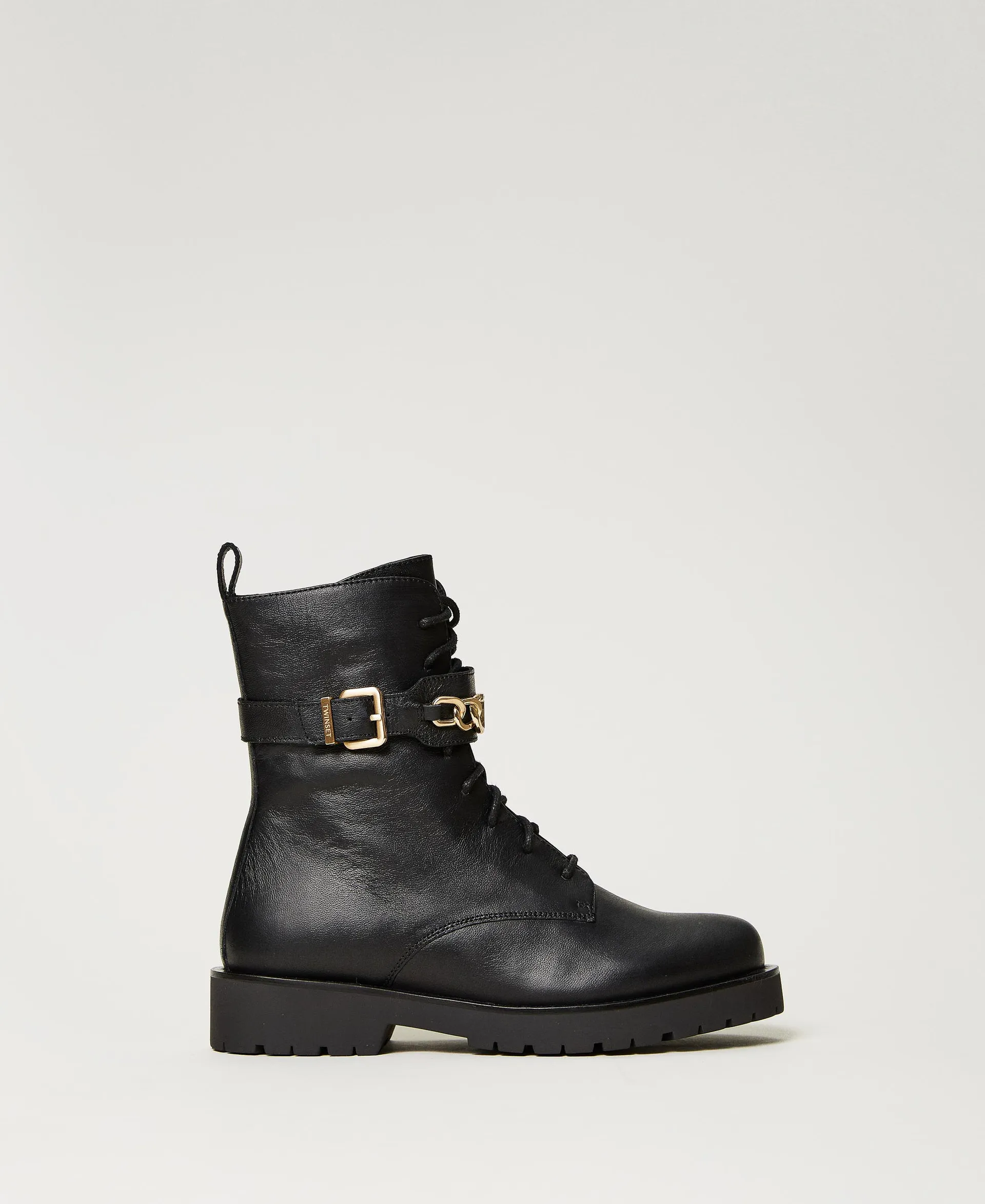 Bottines motardes en cuir avec chaîne Oval T