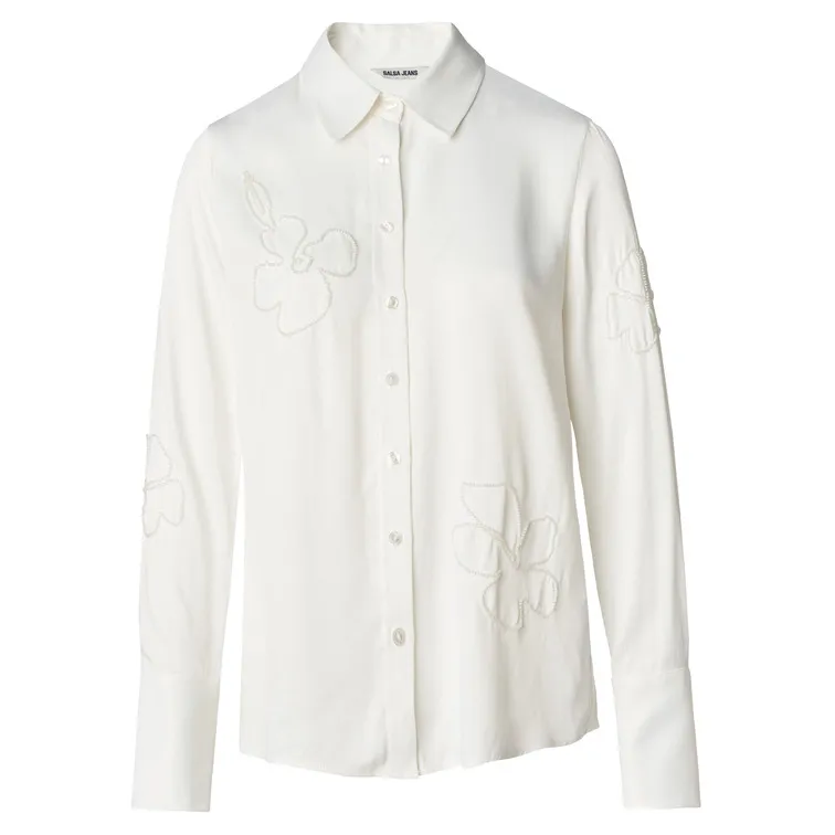 CAMISA SATINADA CON DETALLE DE FLORES DE ABALORIOS MUJER SALSA