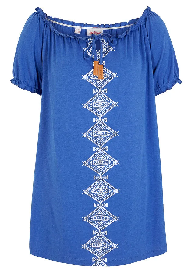 Camiseta con escote bañera Azul zafiro-blanco estampado