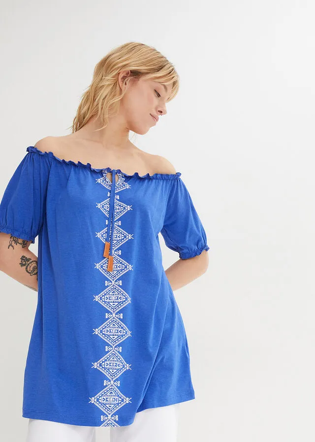 Camiseta con escote bañera Azul zafiro-blanco estampado