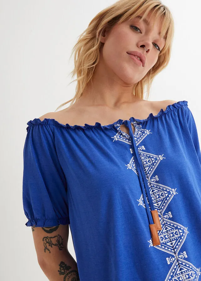 Camiseta con escote bañera Azul zafiro-blanco estampado