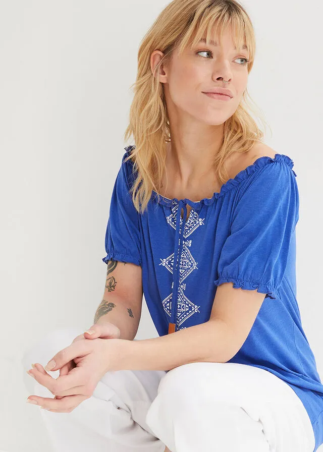 Camiseta con escote bañera Azul zafiro-blanco estampado
