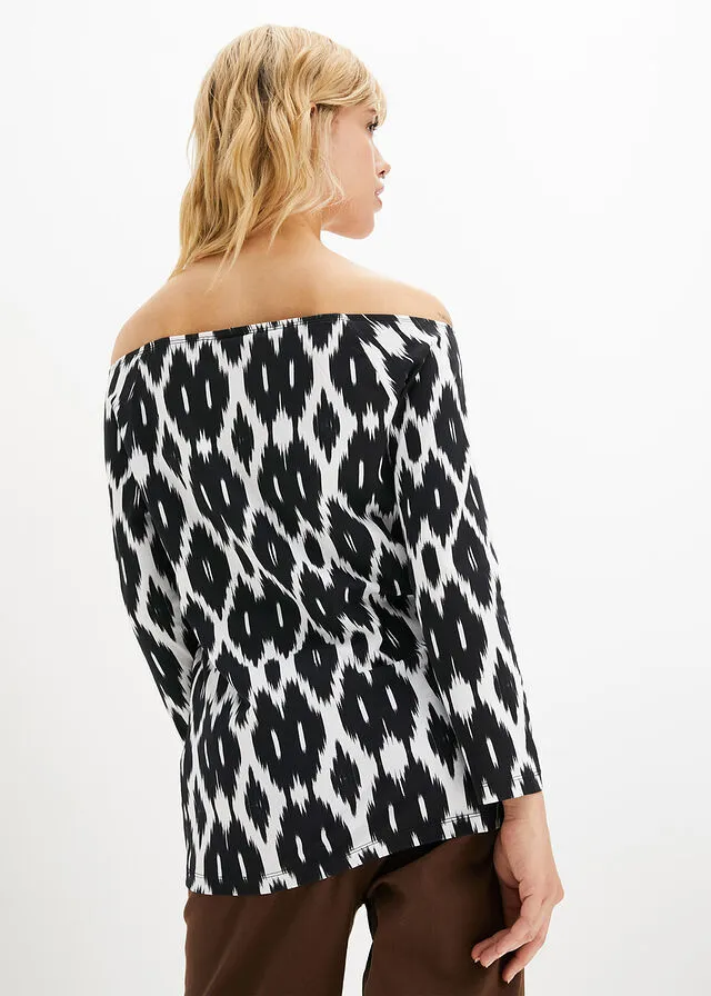 Camiseta con escote bañera Negro-blanco estampado