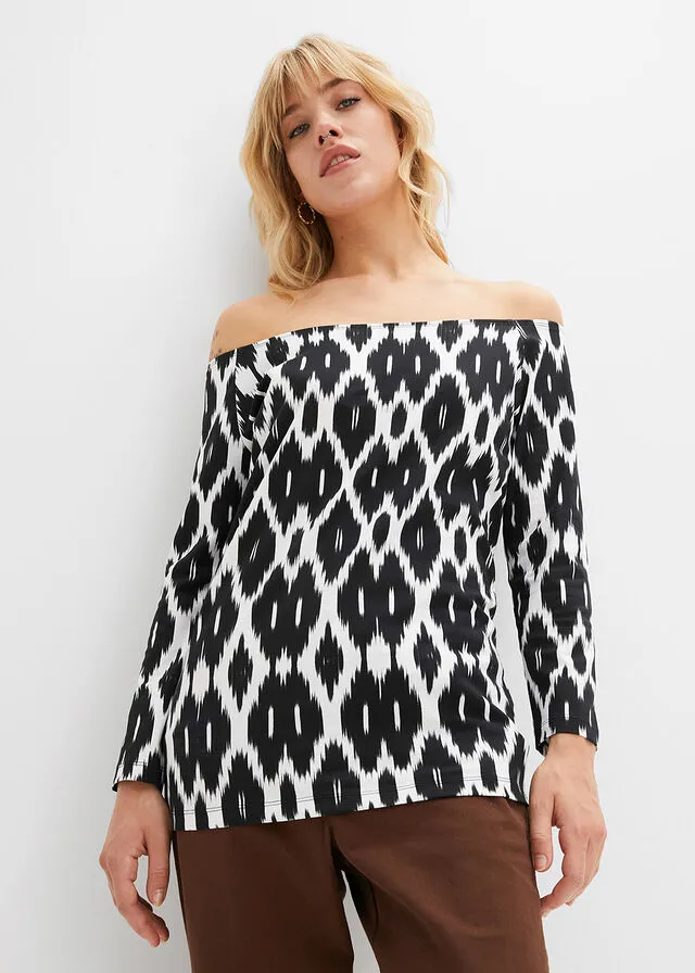 Camiseta con escote bañera Negro-blanco estampado