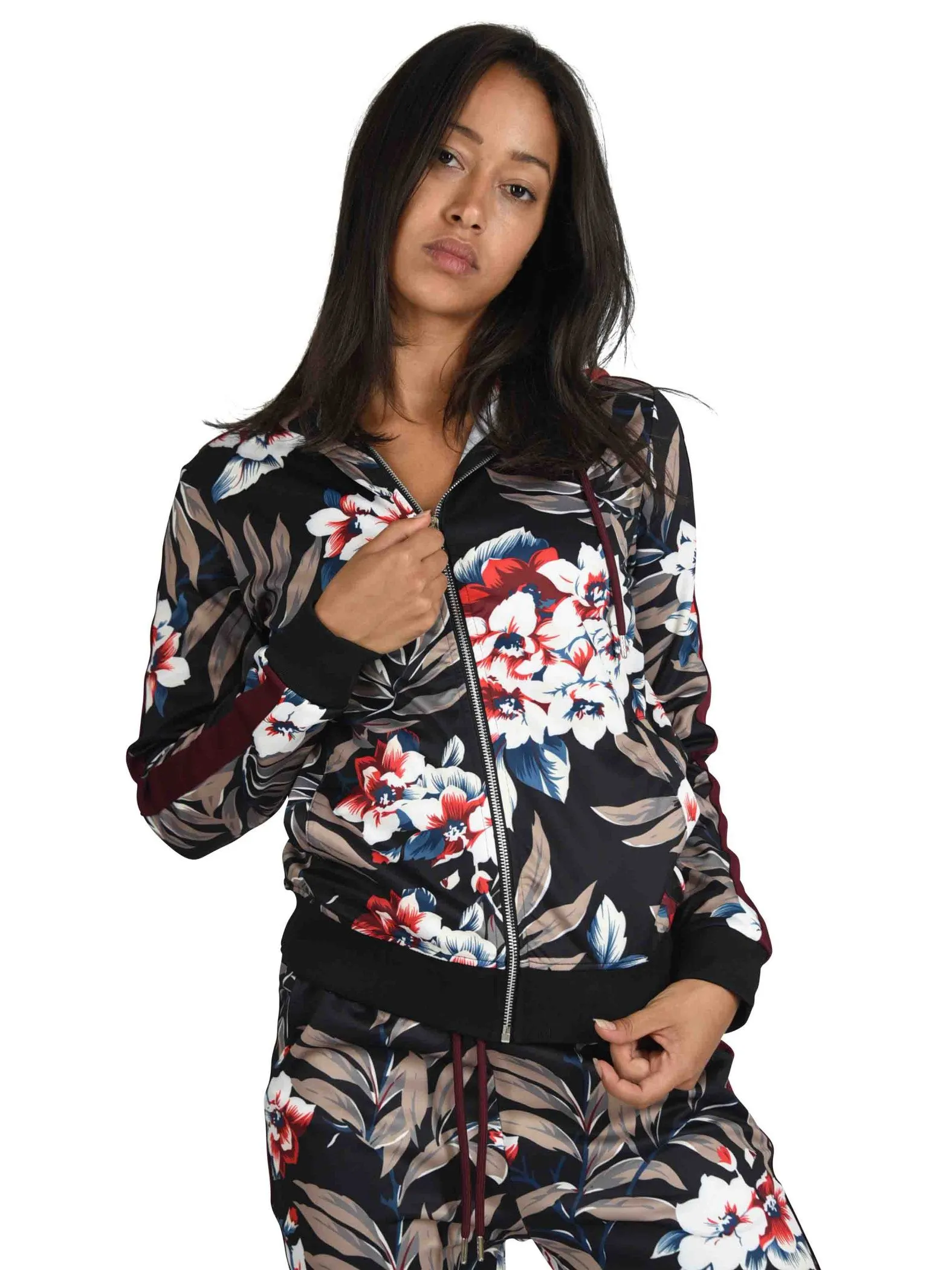 Chaqueta con capucha, estampado tropical y rayas