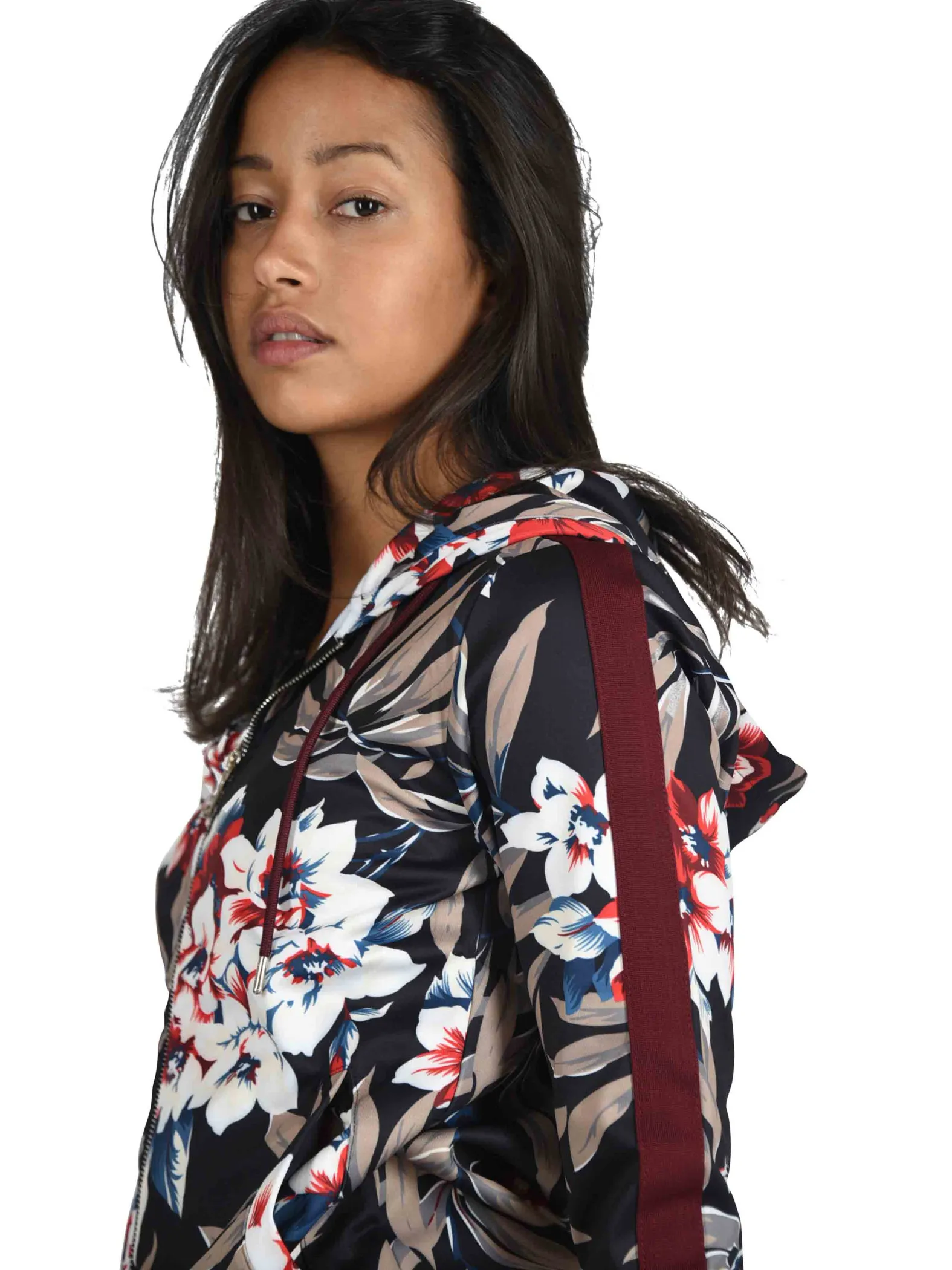 Chaqueta con capucha, estampado tropical y rayas