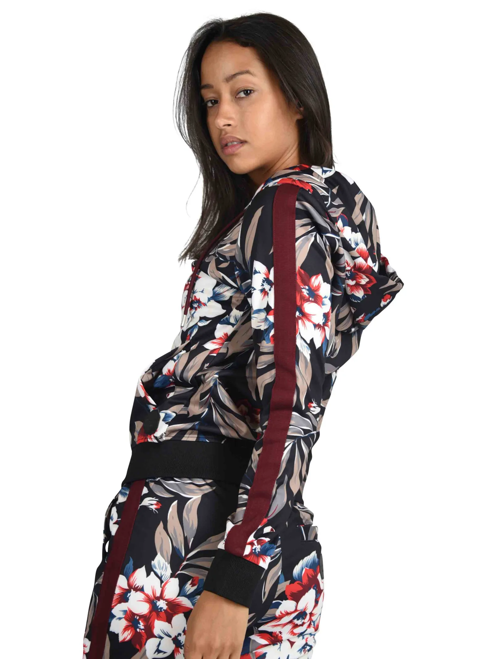 Chaqueta con capucha, estampado tropical y rayas