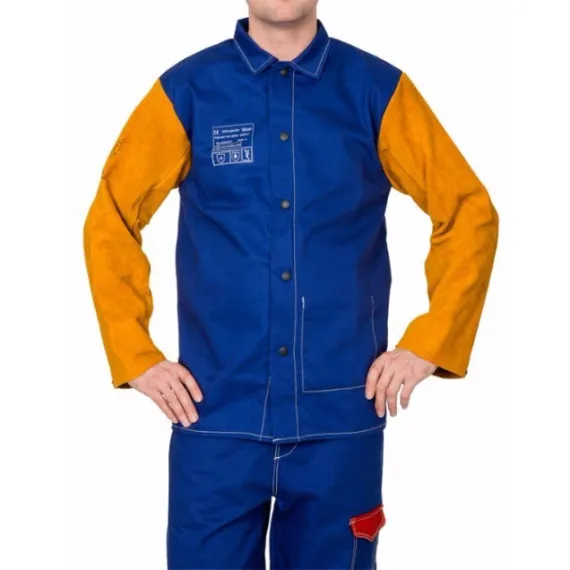 Chaqueta para soldador azul ignífuga con mangas en cuero WELDAS Yellowjacket
