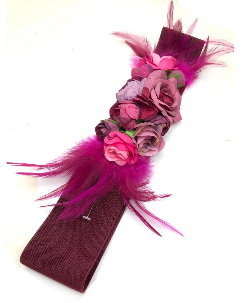 CINTURONES GRANATES CON FLORES Y PLUMAS PARA BODAS Y EVENTOS