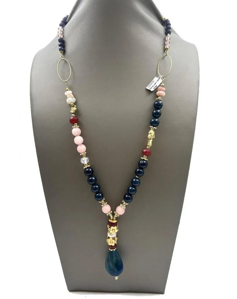 COLLARES AZULES DE PIEDRAS CON BONITO COLGANTE DE AGATA Y PERLAS