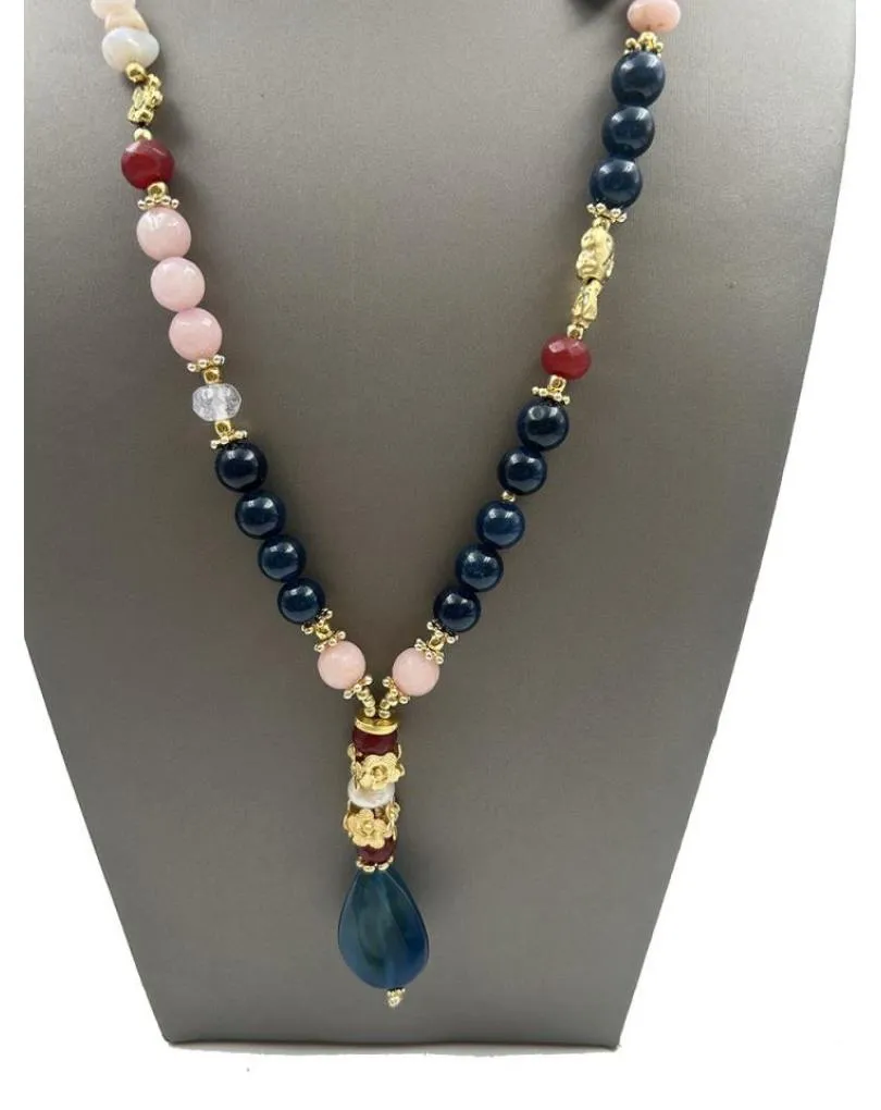 COLLARES AZULES DE PIEDRAS CON BONITO COLGANTE DE AGATA Y PERLAS