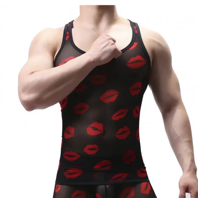 Hot Red Lips Print Mesh Transparent Sleeveless Tank Top See Through Muscle Men's Sissy Lingerie Undershirt 
