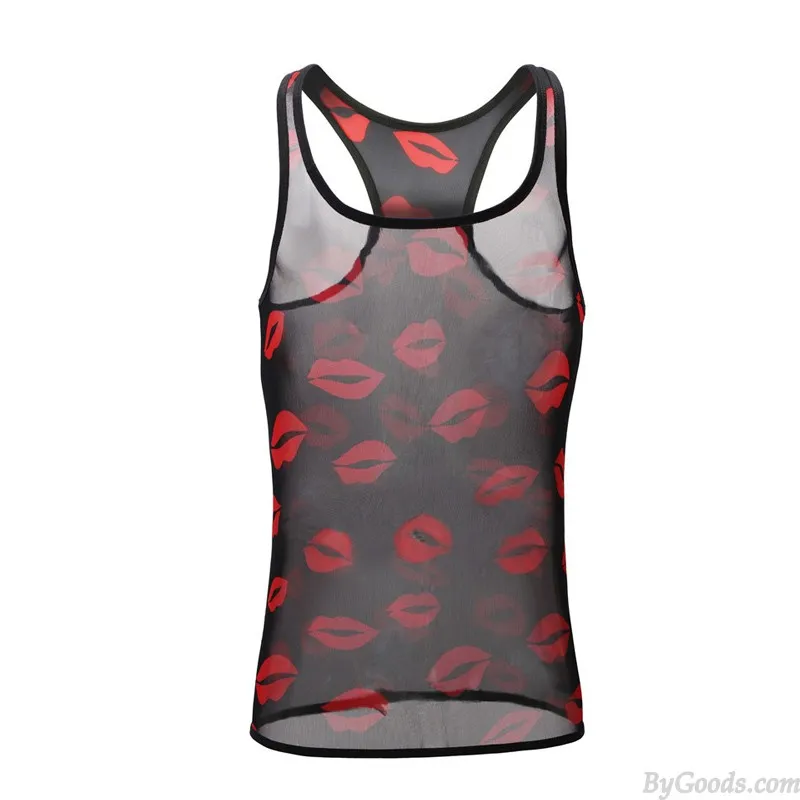 Hot Red Lips Print Mesh Transparent Sleeveless Tank Top See Through Muscle Men's Sissy Lingerie Undershirt 