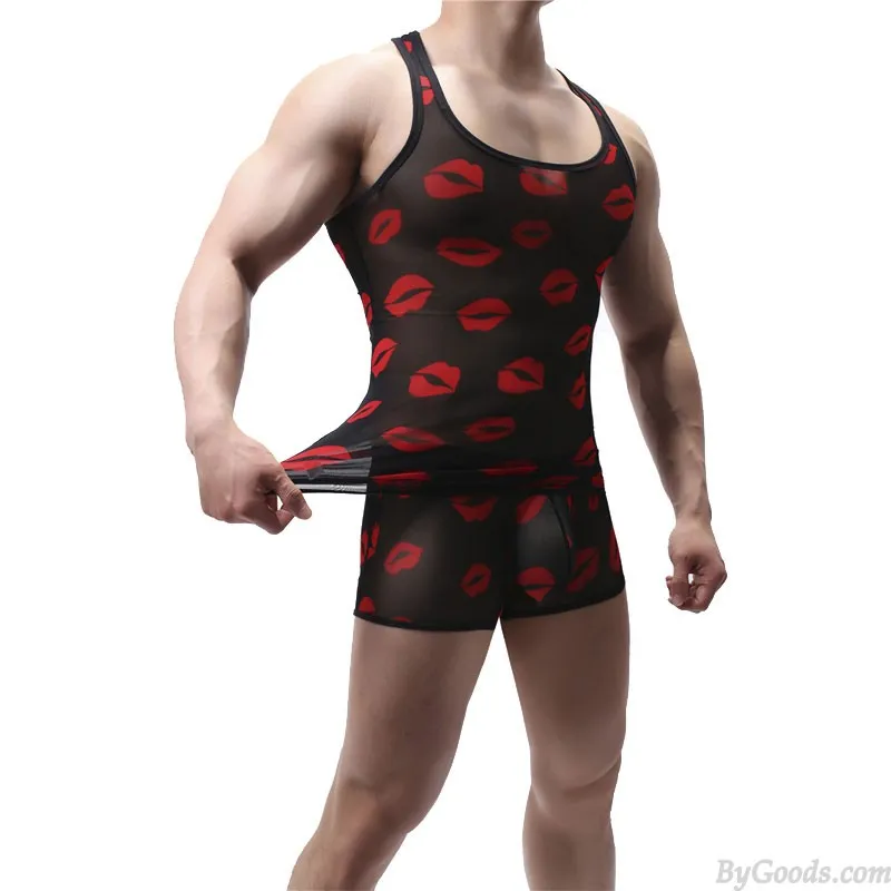 Hot Red Lips Print Mesh Transparent Sleeveless Tank Top See Through Muscle Men's Sissy Lingerie Undershirt 