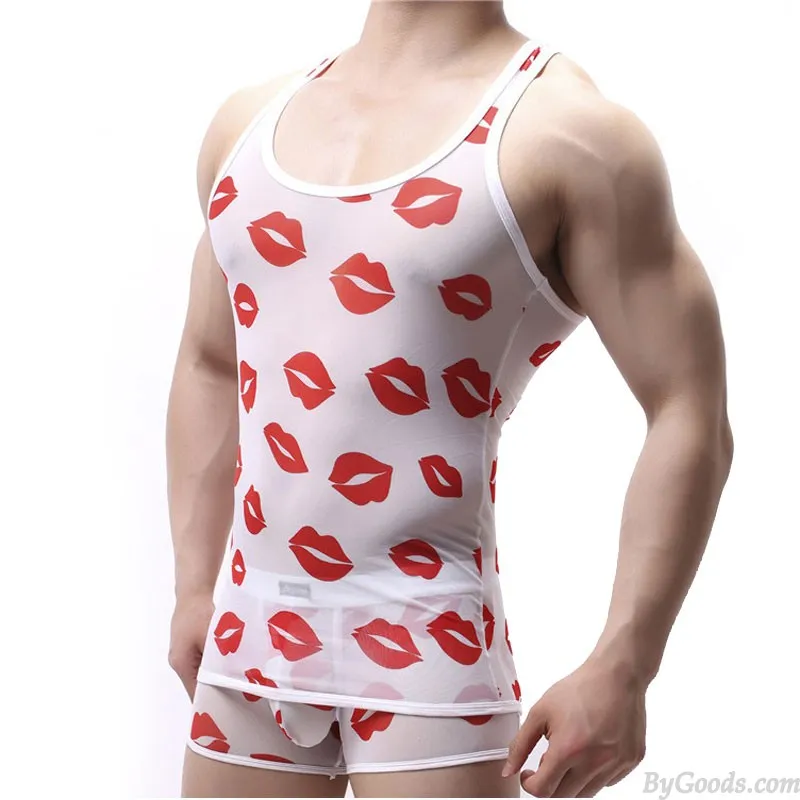 Hot Red Lips Print Mesh Transparent Sleeveless Tank Top See Through Muscle Men's Sissy Lingerie Undershirt 