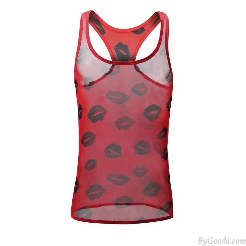 Hot Red Lips Print Mesh Transparent Sleeveless Tank Top See Through Muscle Men's Sissy Lingerie Undershirt 