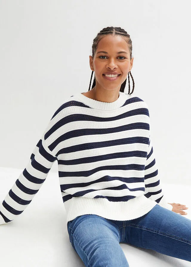 Jersey boxy azul marino/blanco lana con rayas