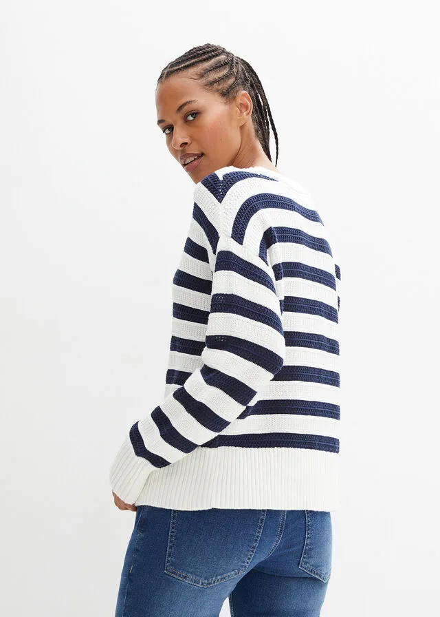 Jersey boxy azul marino/blanco lana con rayas