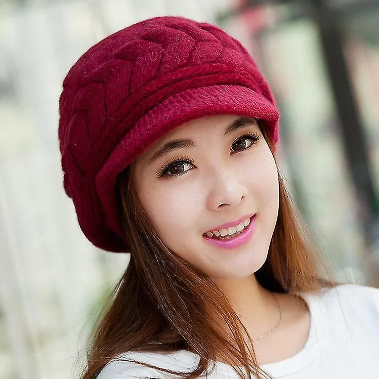 Mujeres Invierno Sombrero de punto cálido Lana Snow Ski Caps con visera negra