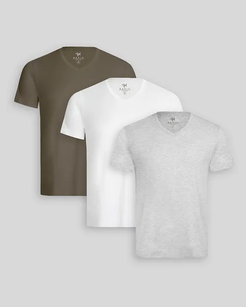 Pack de 3 polos Hombre Cuello V Blanco / Gris Poly / Verde Militar