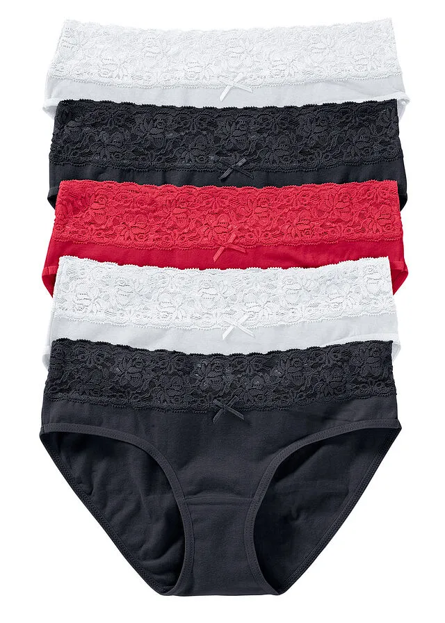 Pack de 5 bragas con detalle de encaje Negro-blanco-rojo