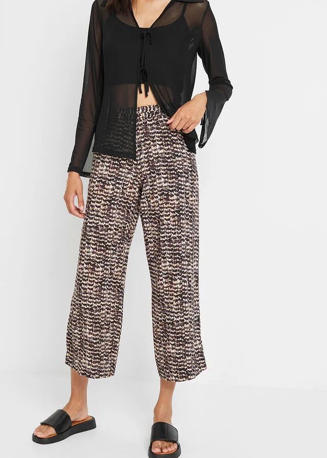 Pantalón con cinturilla elástica Beige-negro con estampado de cebra