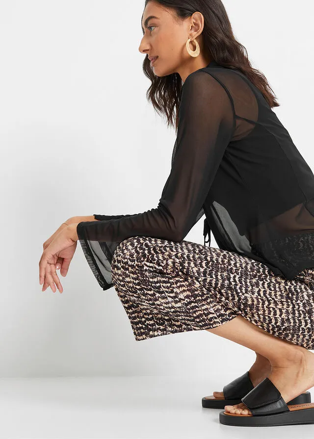Pantalón con cinturilla elástica Beige-negro con estampado de cebra