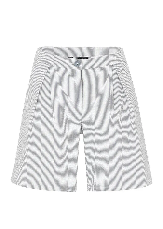 Pantalón corto de mil rayas con pliegues y cintura ajustable Denim-blanco lana de rayas