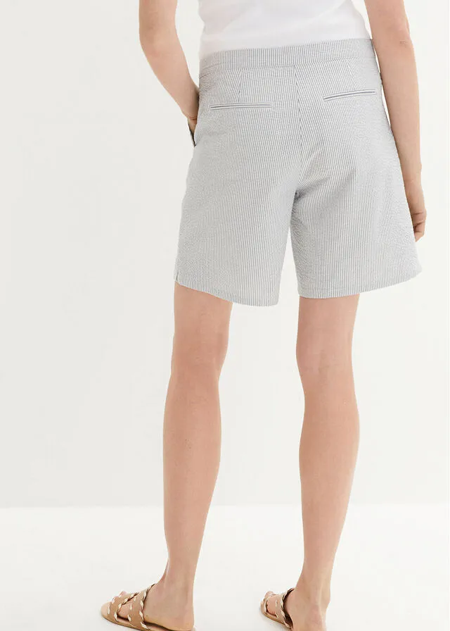 Pantalón corto de mil rayas con pliegues y cintura ajustable Denim-blanco lana de rayas