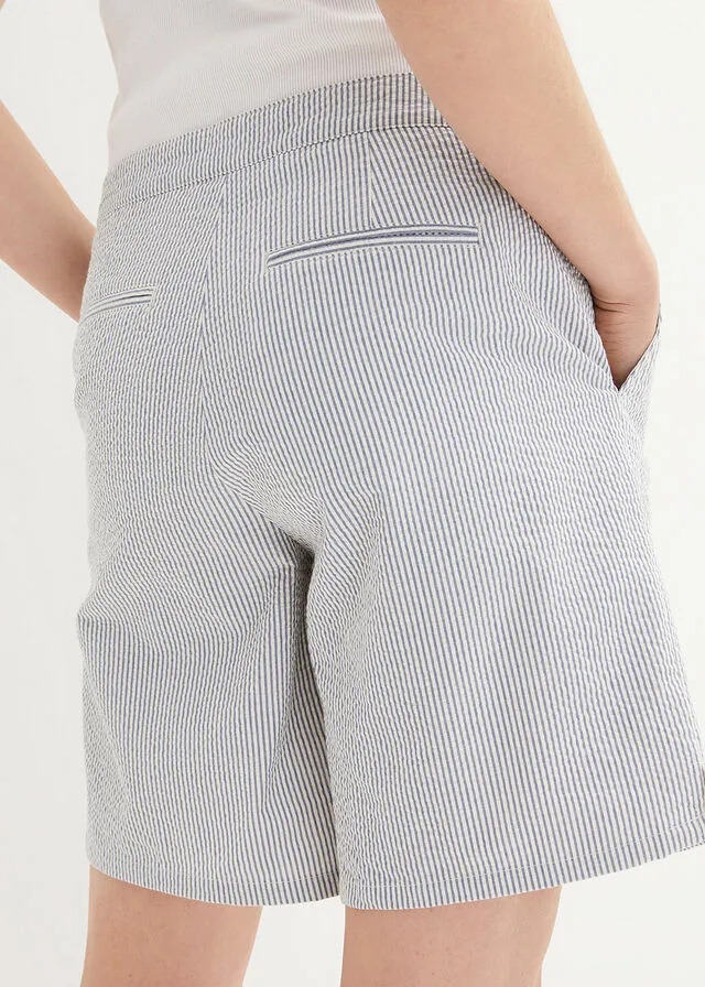 Pantalón corto de mil rayas con pliegues y cintura ajustable Denim-blanco lana de rayas