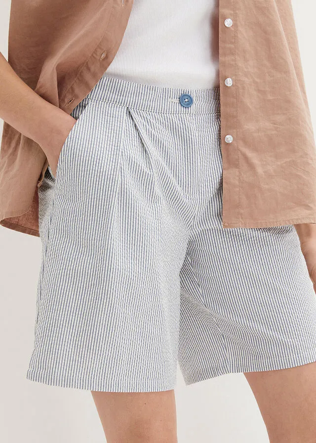 Pantalón corto de mil rayas con pliegues y cintura ajustable Denim-blanco lana de rayas